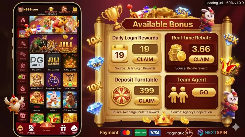 N999 Game bonus screen showing daily login rewards, rebate bonuses, deposit turntable, team agent options, and multiple casino games.