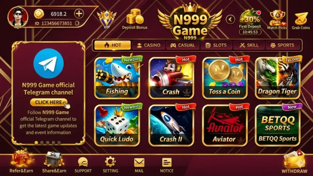 N999 Game app homepage showing casino, slots, sports, crash, fishing, aviator, and dragon tiger games with deposit bonus and Telegram channel option.