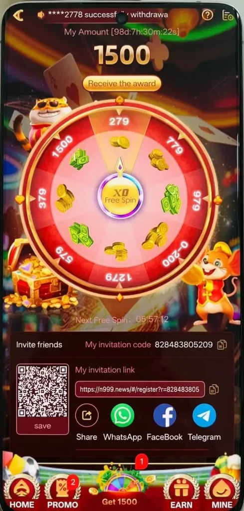 N999 Game Wheel Bonus Rs1500